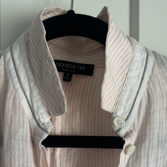 Lafayette 148 New York Light Pink Pinstripe Linen Button Down Shirt | S - Picture 7 of 7